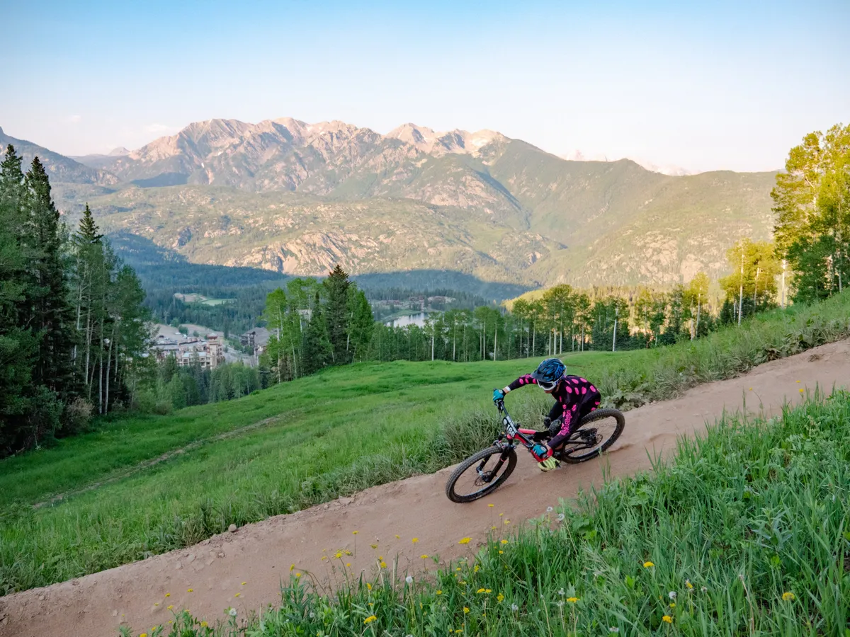 A stunning exterior shot featuring a mountain range as the backdrop, with a biker navigating a winding trail. The vibrant scene also highlights wildflowers along the path, embodying the spirit of outdoor adventure and natural beauty.